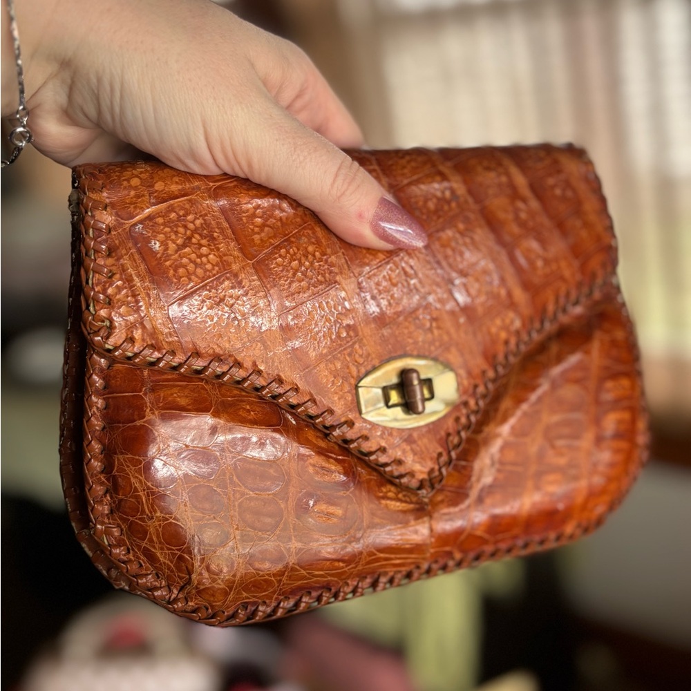 Cognac Brown Croc-Embossed Leather Clutch